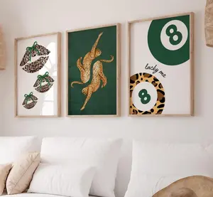 Green Set of 3 Leopard Wall Art Coquette Cheetah Kiss Print 8 Ball Lucky Trendy Animal Print Poster Girly Preppy Home Decor Digital Download