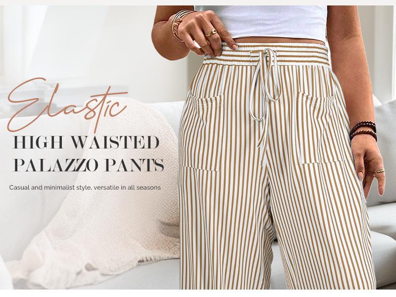 Eytino Womens Plus Size Wide Leg Pants Elastic High Waist Striped Casual Palazzo Pants Lounge Trouser with Pockets (1X-5X)