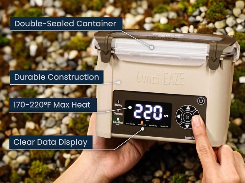 LunchEAZE Core Cordless Heated Lunchbox – Battery-Powered, 4-Cup Capacity, 220°F Max, Automatic Scheduled Heating, Stainless Steel Container