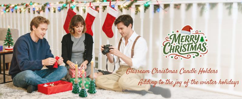 Christmas Taper Candle Holders: 3 Pcs Glass Christmas Tree Candlestick Holders with 9.8oz/ 280g Green Chunky Glitter Xmas Decorations Holiday DIY Gifts