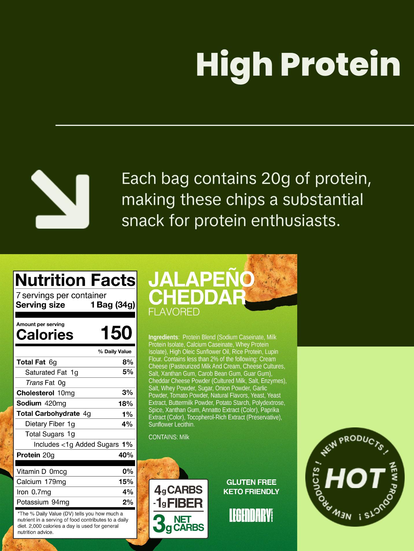 Legendary Foods 20 g Jalapeño Cheddar Air Popped High Protein Chips - Crispy Crunchy Snack - No Sugar added - High protein Snack - 7 pack