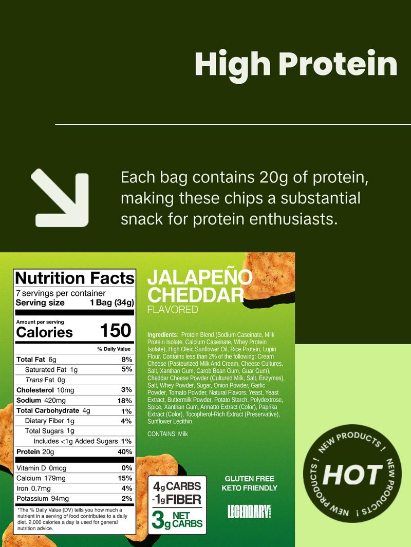 Legendary Foods 20 g Jalapeño Cheddar Air Popped High Protein Chips - Crispy Crunchy Snack - No Sugar added - High protein Snack - 7 pack