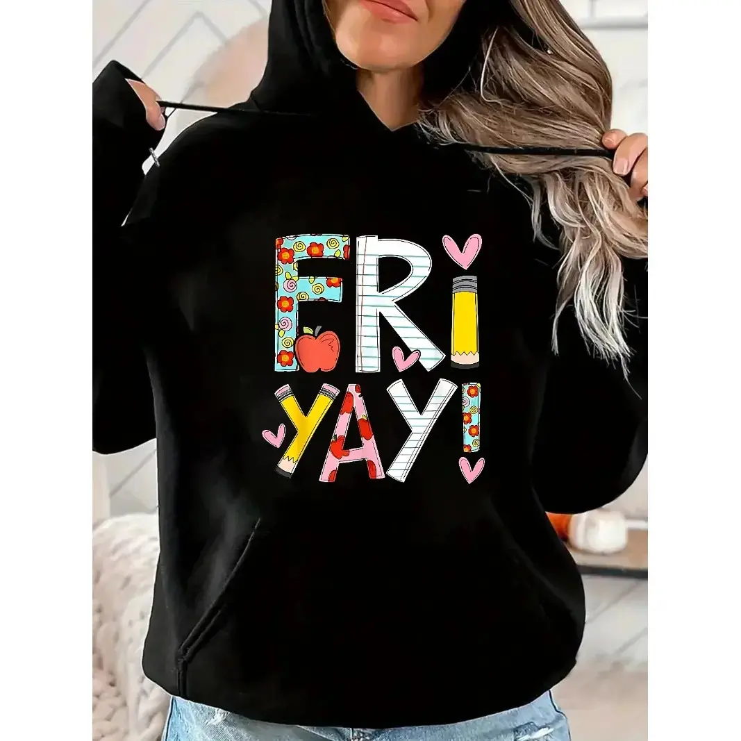 Fri-Yay! Women's Fun Friday Teacher Hoodie– Colorful Letter Print with Floral & Elements, Soft , Round Neck, Stretch Fabric, Casual Summer Top for Teachers &, Event Attire