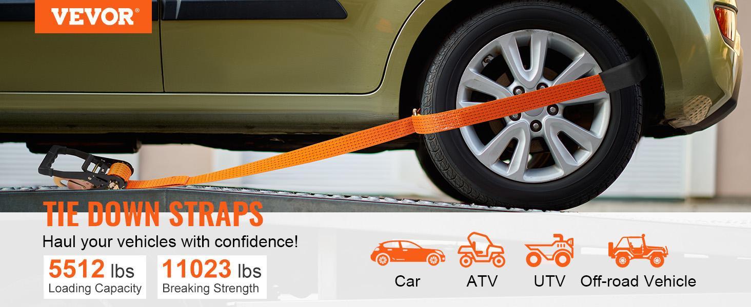 VEVOR Ratchet Tie Down Straps 4-Pack Kit, TikTokShopBlackFriday, 2" x 120" Tire Straps, 5512 LBS Working Load, 11023 LBS Breaking Strength, Car Tie Down Straps with Snap Hooks for Passenger Car, Truck, Trailer