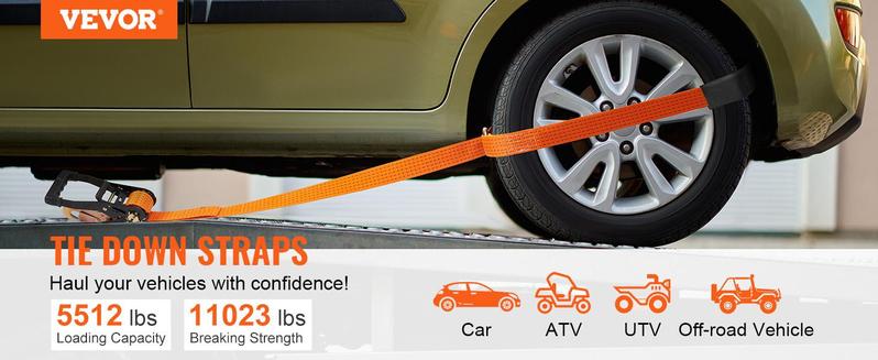 VEVOR Ratchet Tie Down Straps 4-Pack Kit, TikTokShopBlackFriday, 2" x 120" Tire Straps, 5512 LBS Working Load, 11023 LBS Breaking Strength, Car Tie Down Straps with Snap Hooks for Passenger Car, Truck, Trailer
