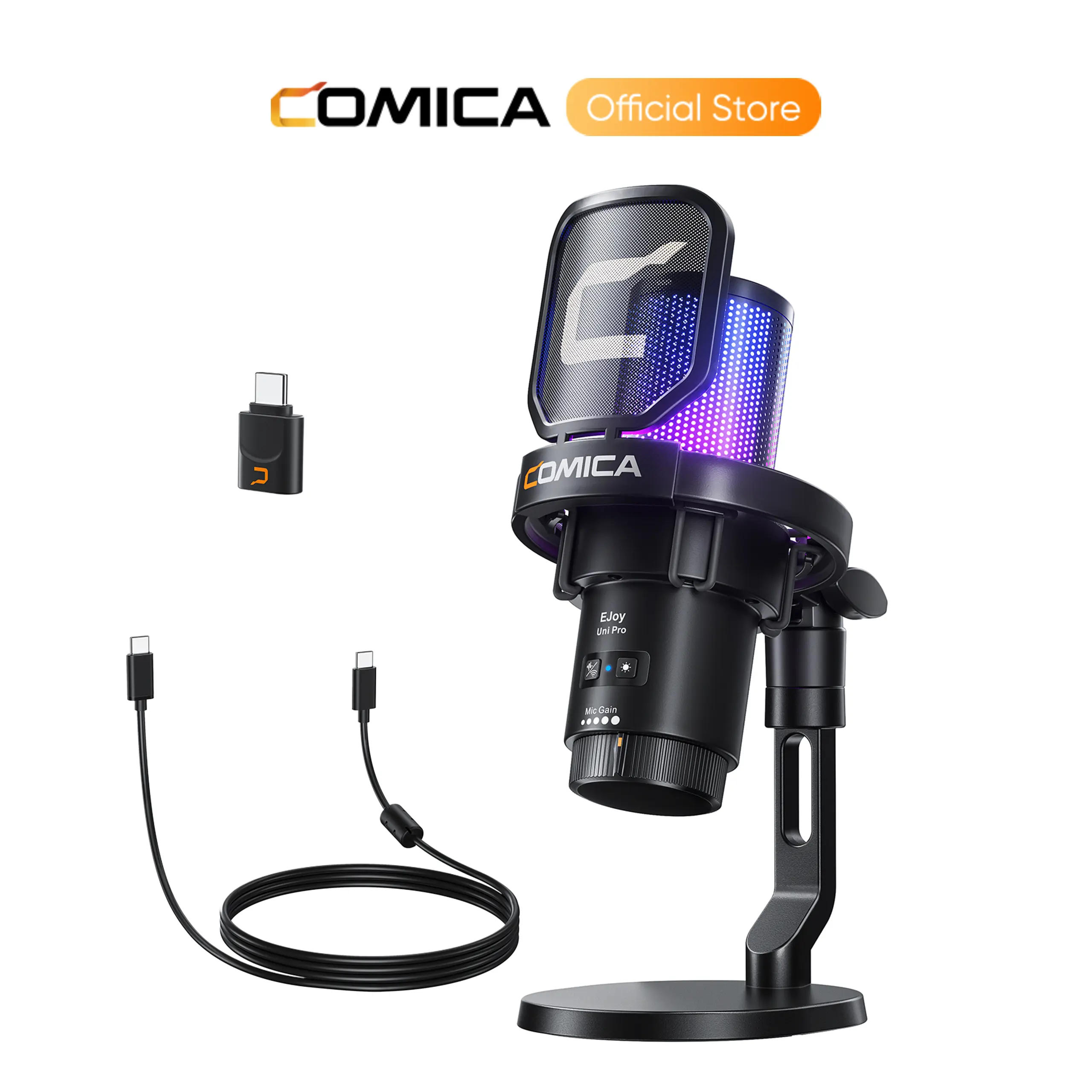 COMICA EJoy Uni/Uni Pro Wireless-Wired USB Condenser Recording Mic - Noise Canceling, RGB Lights, Mute, Gain, 3.5mm Jack, USB Type-C, Manufacturer Warranty, PC Accessories, Streaming Equipment for PC, Laptop, Mobile, PS5, PS4, Noise Canceling Mic