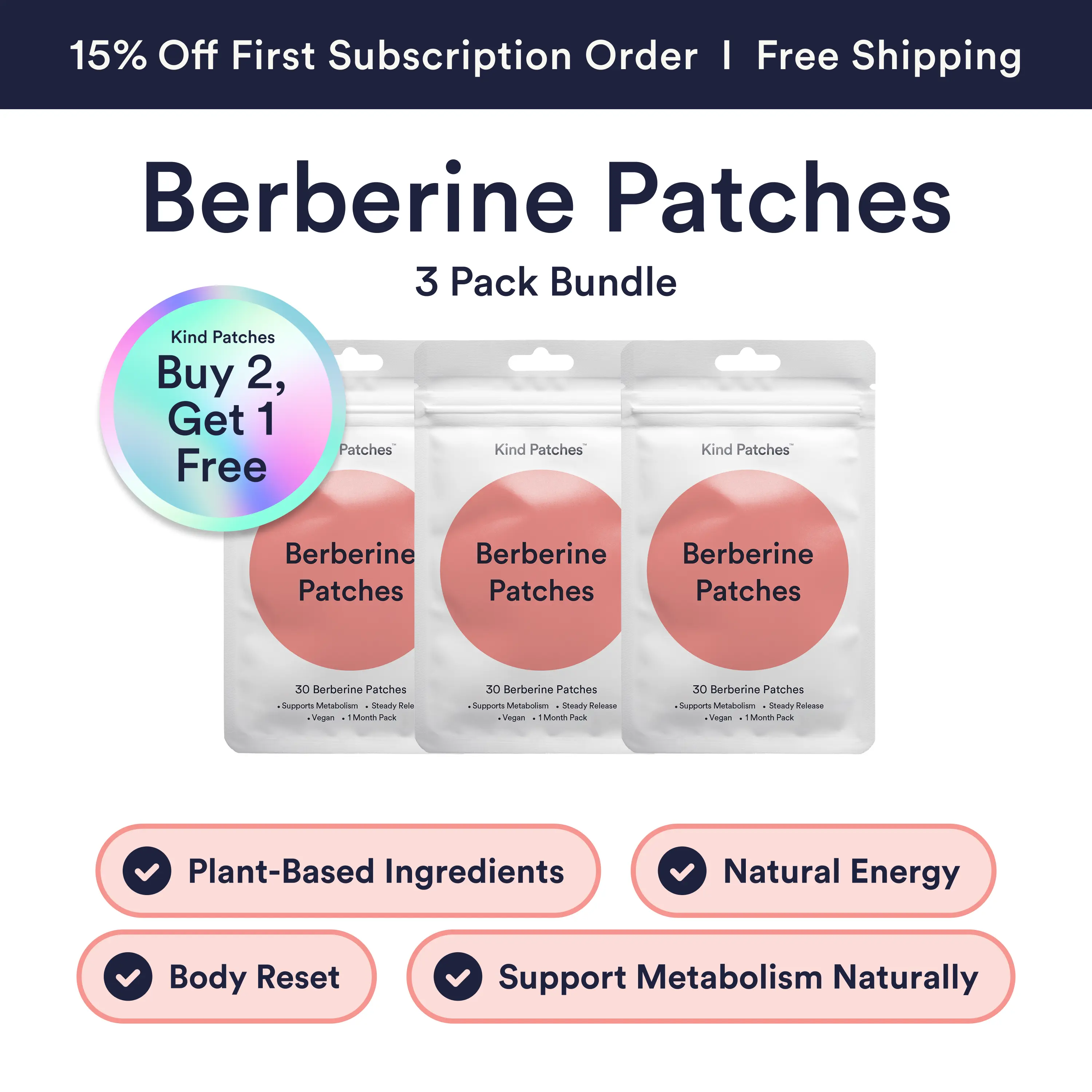 3 Packs of Kind Patches Berberine Patches, Support Metabolism Naturally, Natural Energy, Body Reset,Steady Release, Plant-based Ingredients, Absorbs through the Skin,Vegan, 3 Months Supply