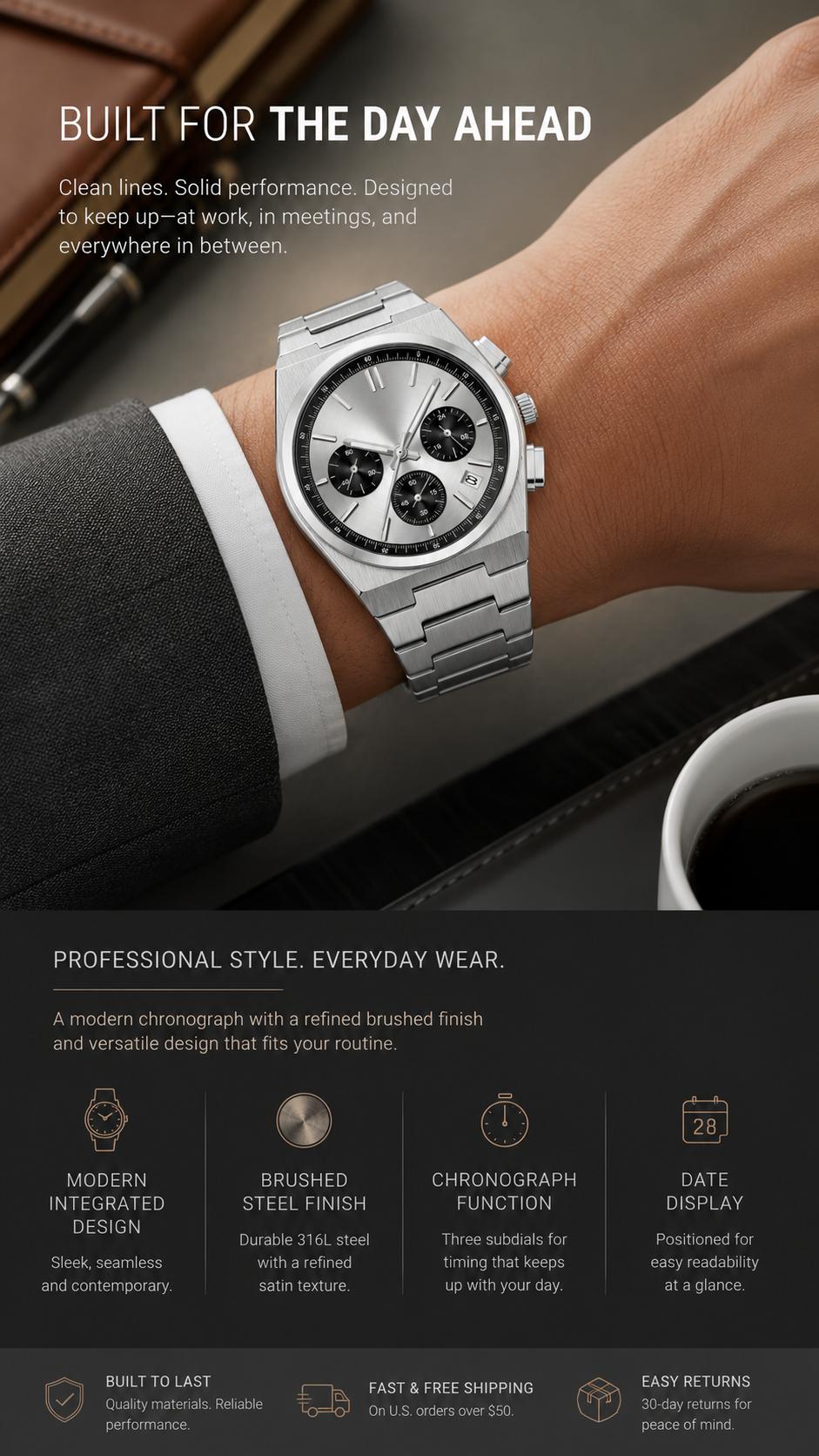 Men's Casual Business Analog Chronograph Watch, Classic Stainless Steel Metal Band, Quartz Movement, Analog Face, Round Shape, Mineral Glass, Calendar Date Display, 30M-50M Water Resistant, Clasp Closure, Daily Wear Fashion Accessory