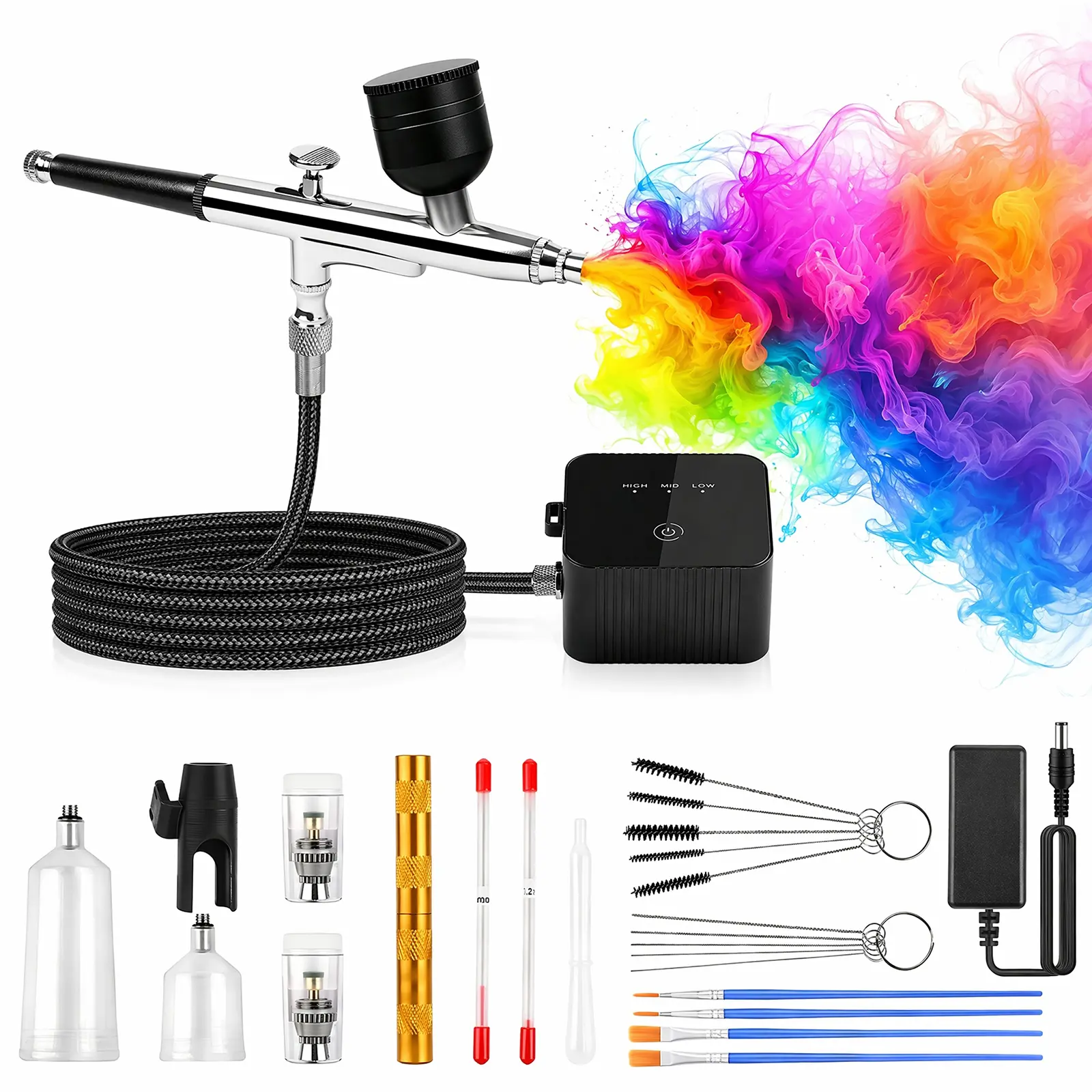 Airbrush Kit With Air Compressor | 22/30/50 PSI High Pressure, Non-Clogging with 0.2/0.3/0.5mm Nozzle, Cleaning Sets, Handheld Airbrush For Painting, Modeling, Cake Decorate, Makeup, Facial Beauty, Nail Art
