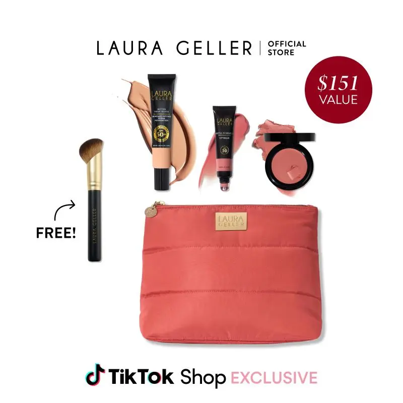 Laura Geller Good Skin SPF Kit (4PC) with SPF 50 Foundation, SPF 30 Shine n Shield Lip Balm, Wonder Balm, Makeup Bag, and FREE Brush