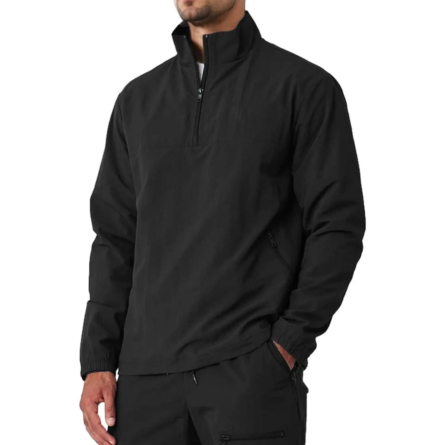 Aulemen Men's Casual Quarter Zip Mock Neck Golf-Hiking Jacket, Lightweight Athletic Outdoor Activities Windbreaker with 2 Side Pockets & Adjustable Hem, Mock Neck Sweatshirt