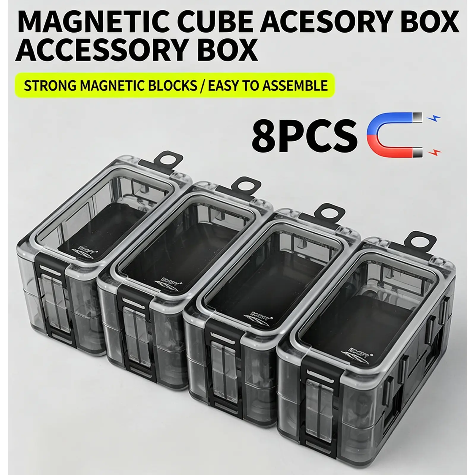 Tackle Box 8pcs Optional Combination Removable Freely Assemble Fishing Tackle Storage Cube Waterproof Fishing Tackle Organizer With Strong Magnetic Function Luminous (8, Black)