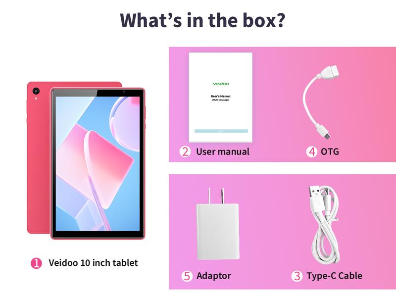 Veidoo 10.1" Android Tablet – 3GB RAM, 64GB +256GB Expandable, HD Touchscreen, 5G WiFi, Face Unlock, Eye Care Mode (Rose Pink)