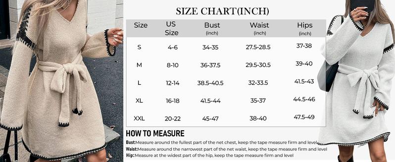CHARTOU Causal Loose Straight Fit Sweater Dress for Women Fall 2025 Outfit Contrast Jumper Knit Sweater with Belt