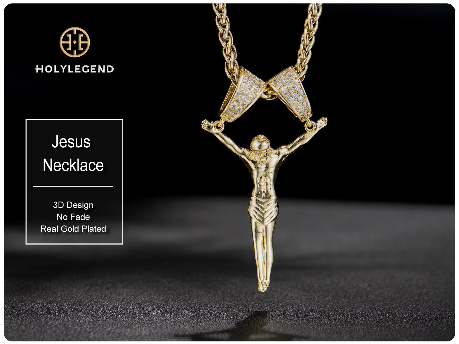 Holylegend 14K Real Gold-Plated Jesus Christ Pendant Necklace for Men and Women, 3D Christ Charm with Diamond Double-Lock Clasps, 24 inches Chain, Religious Gold Plated Jewelry Gift for Fashion Lovers