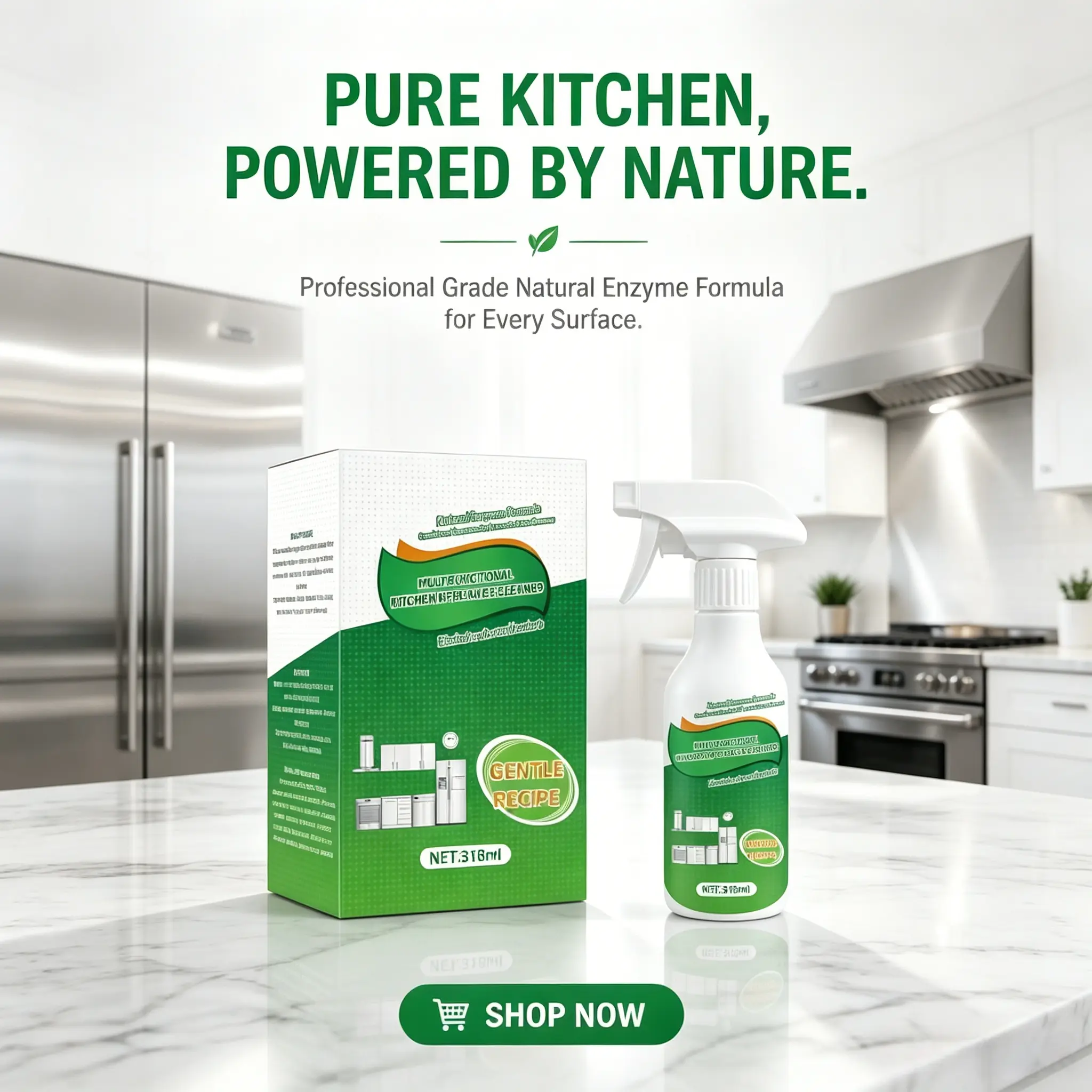 Natural Enzyme Kitchen Cabinet Cleaner Spray, Gentle Grease Remover for Cabinets, Stove, Oven & Appliance Exteriors
