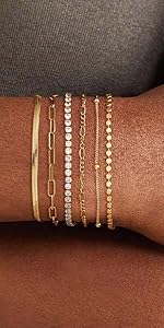 Tewiky Greenish Spring Waterproof Women's Bracelet Set - Trendy Dainty Jewelry Fashion Stackable Tennis Beaded Figaro Herringbone Paperclip Link Bracelet Pack