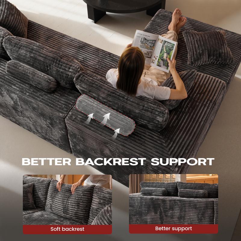 【2 Packages Shipping】Ovios 106" Plush Corduroy Cloud Velvet Modular Boneless Couch with Chaise & Ottoman, No Assembly Required - L/U-Shaped Sectional Sofa Set with Flexible Configuration - 107"W x 69.5"D x 30"H, 3 Seater