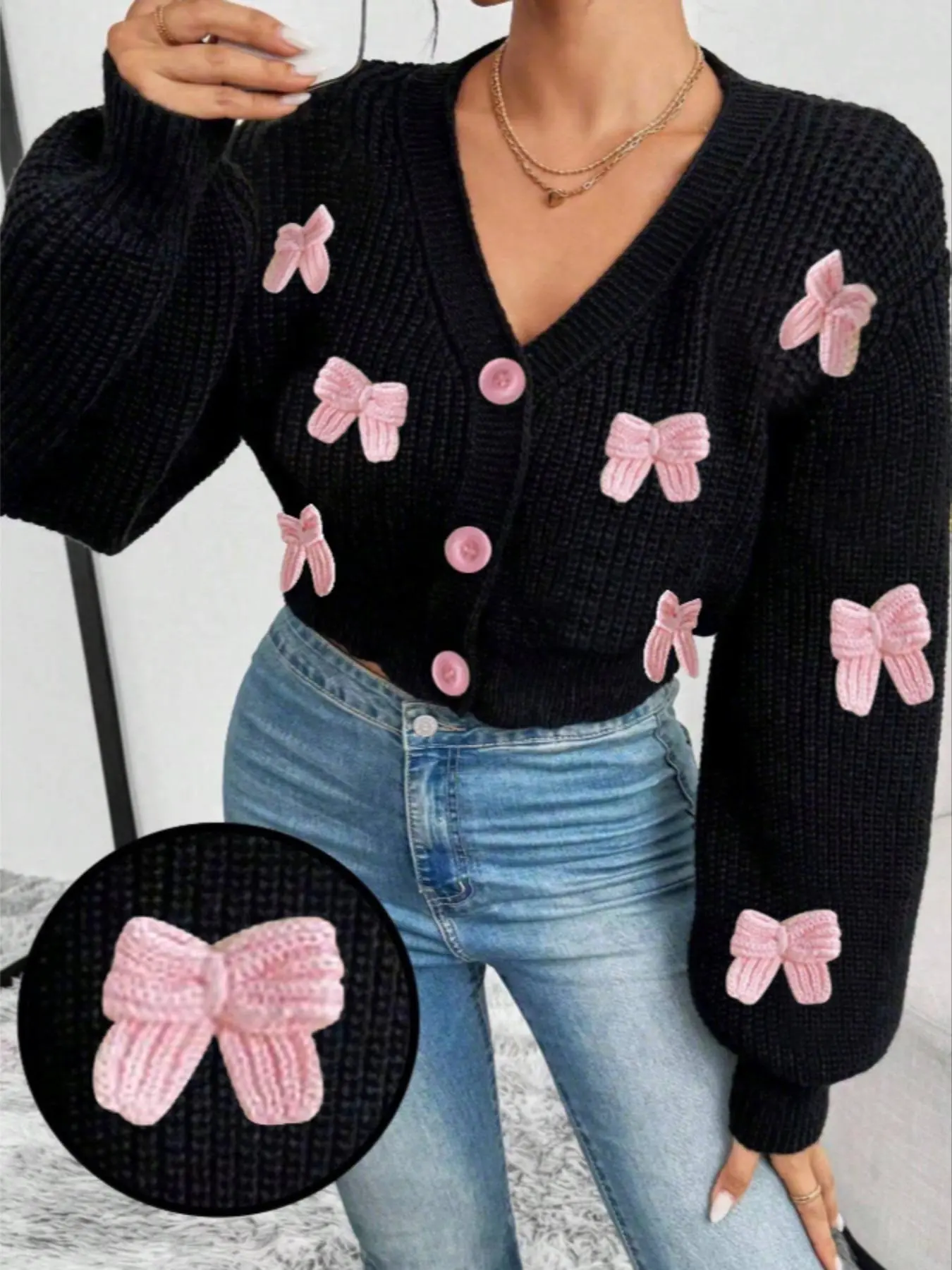 Women's Bowknot Decor Sweater Cardigan, Casual Fashionable Top, Casual Long Sleeve Button Front Knit Design V Neck Knitting Knitwear for Fall & Winter, Fashion Ladies' Knit Clothing for Daily Wear, Womenswear