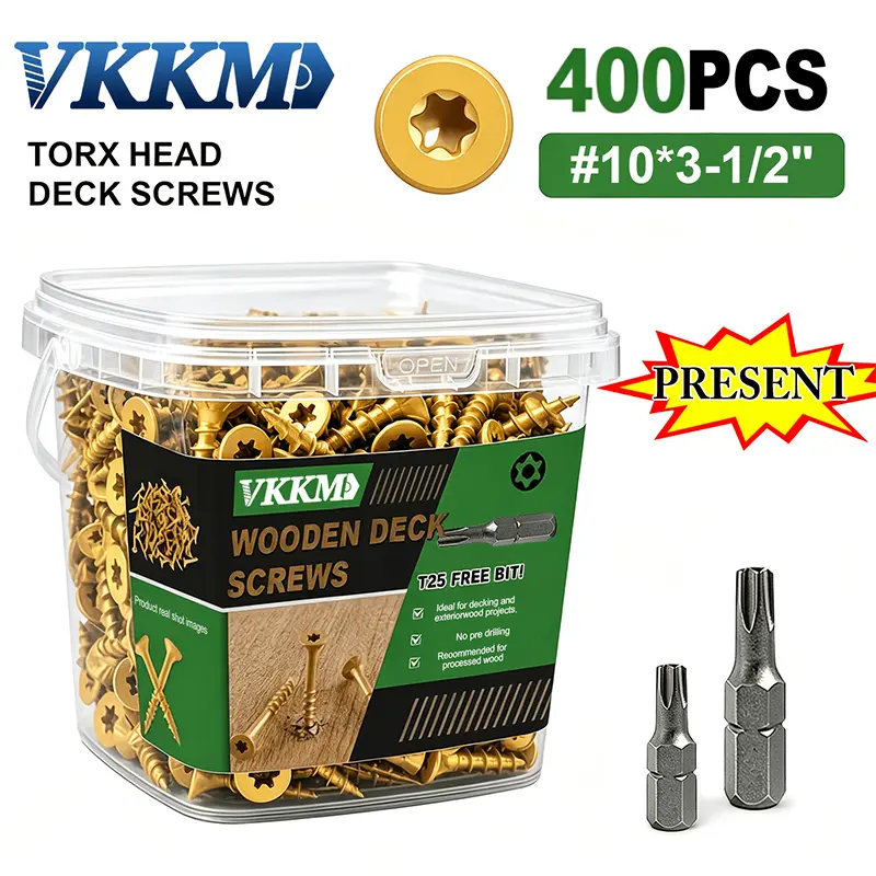 VKKM #10 x 3.5 Inches 400-Pack Hex Wood Screws, Yellow Anti-Rust Coating, High Hardness, Star Drive, Free T25 Screwdriver Bit, for Furniture Repair & DIY Woodworking (for DIY Users)