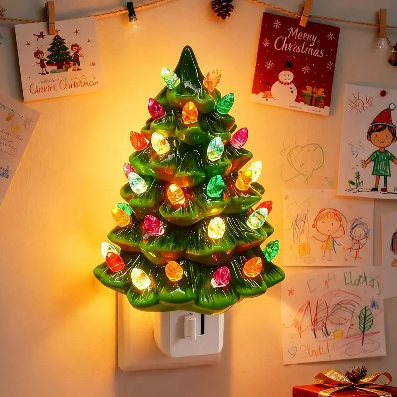 Vintage Christmas Tree Night Light - Ceramic & Resin Tabletop Christmas Decor, Multicolored LED Bulbs, 360° Swivel Plug, On/Off Switch, Ideal for Bedroom Holiday Setup, Nostalgic Gift for Families, Novelty Lighting, Adjustable