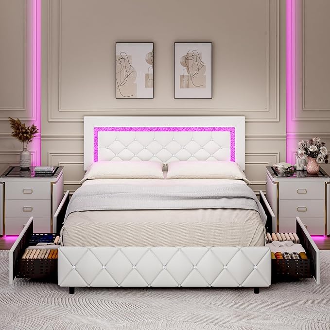 HOMBCK Bed Frame with Lights and Drawers,  No Mattress,  Diamond Headboard, Faux Leather, Modern Style, No Box Spring Needed, Easy Assembly
