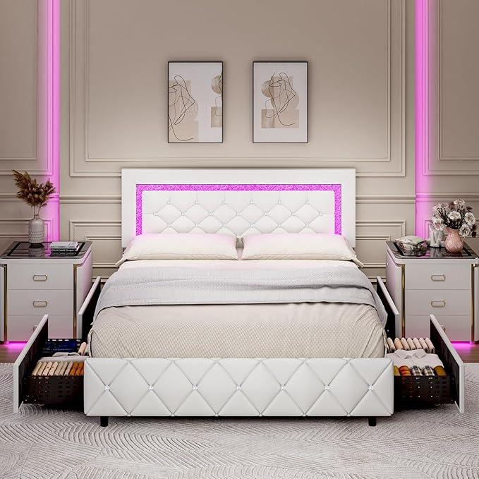 HOMBCK Bed Frame with Lights and Drawers,  No Mattress,  Diamond Headboard, Faux Leather, Modern Style, No Box Spring Needed, Easy Assembly