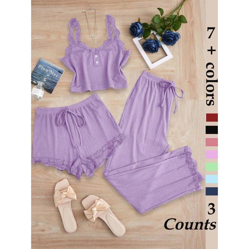 Women's Sleepwear Set, Three-Piece Round Neck Lace Trim Pajamas, Soft Breathable Comfort Casual Home Wear, Tank Top Shorts Long Pants Women's Sleepwear Set, Three-Piece Round Neck Lace Trim Pajamas, Soft Breathable Comfort Casual Home Wear, Tank Top Shorts Long Pants