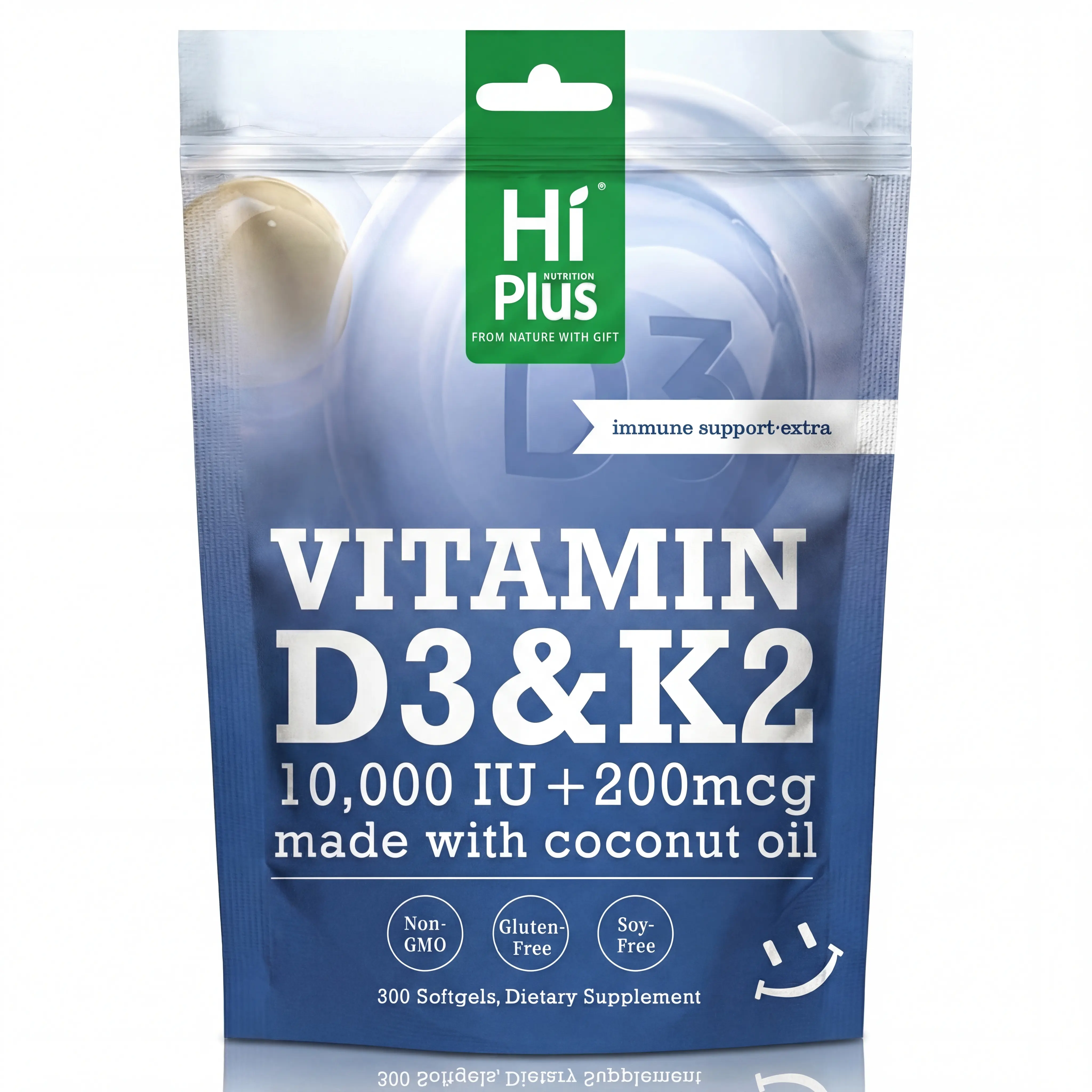 HiPlus Vitamin D3 & K2 with Organic Coconut Oil (300 Softgels) - High Absorption for Immune, Heart & Bone Health