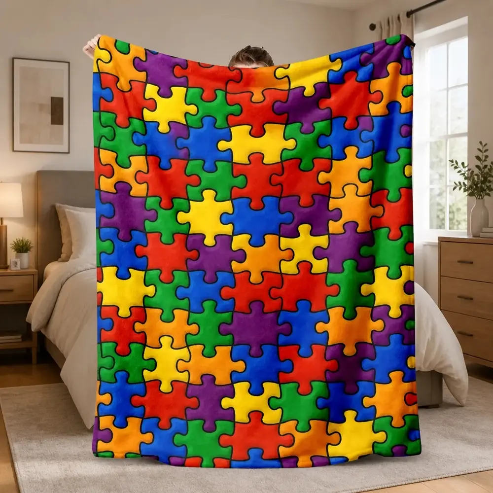 2026 New 1pc Colorful Puzzle Patchwork Print Flannel-Micro Polyester Blanket - Ultrasoft, Warm, Fluffy Texture, Multi-Size Washable Bedding Throw for Home/Camping Use