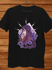 Doki Doki Literature Yuri Manga/Anime T-Shirt | Casual Round Neck Tee with Character & Book Art, High Stretch Fabric, Ideal for All Seasons, Perfect f