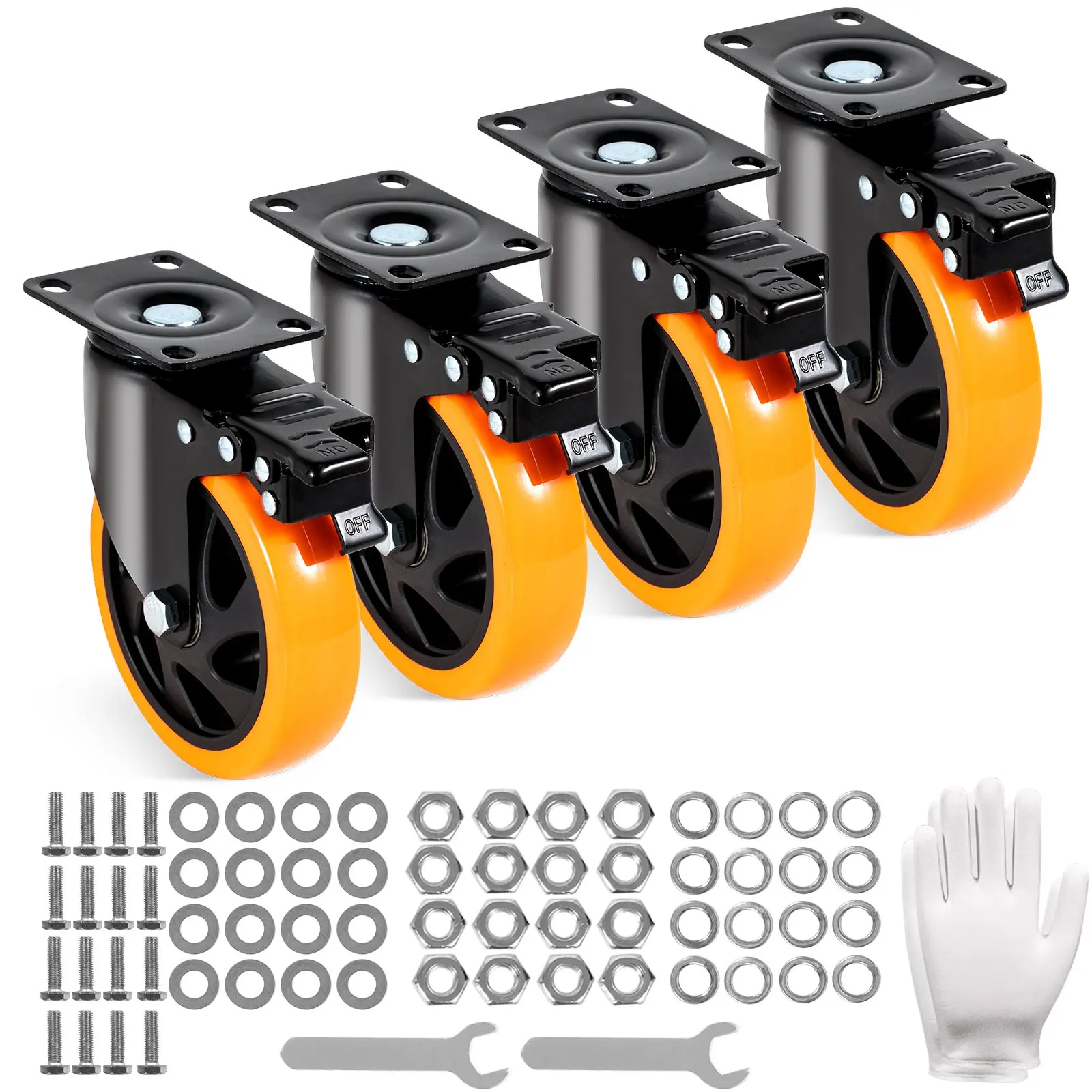 5-inch Swivel Plate Heavy Duty Built-in Lock Casters (Set of 4) - A/B Security Locking, No-Noise PVC, 450 lbs per Wheel Load Capacity, Non-Marking for Carts, Furniture