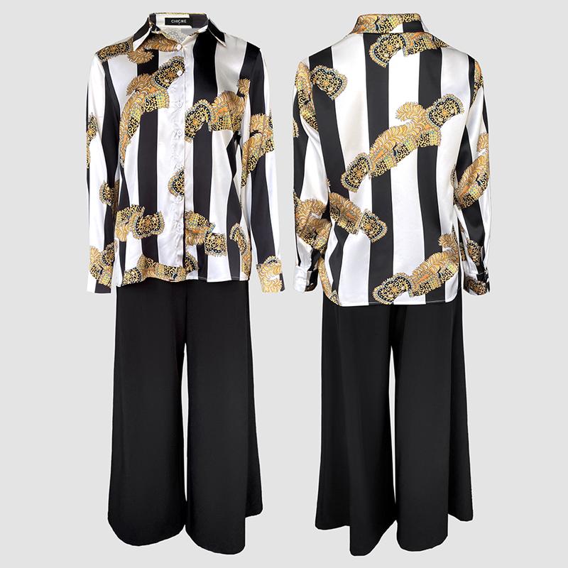 ChicMe 2 Pieces Outfit Striped & Golden Floral Print Turn-down Collar Button Front Top and Causal High Waist Elastic Back Waist Wide Leg Pants Set ChicMe 2 Pieces Outfit Striped & Golden Floral Print Turn-down Collar Button Front Top and Causal High Waist Elastic Back Waist Wide Leg Pants Set