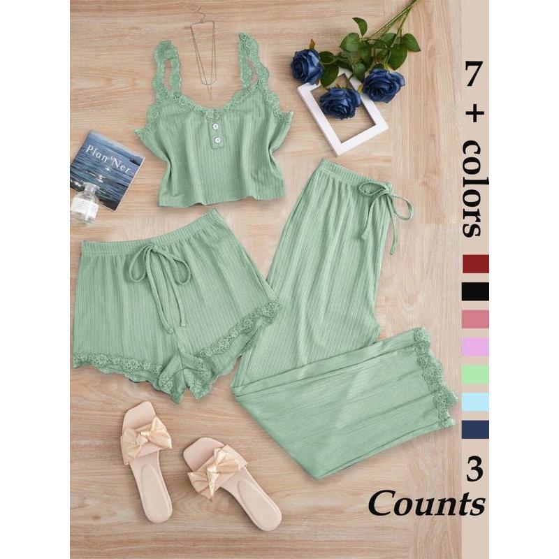 Women's Sleepwear Set, Three-Piece Round Neck Lace Trim Pajamas, Soft Breathable Comfort Casual Home Wear, Tank Top Shorts Long Pants