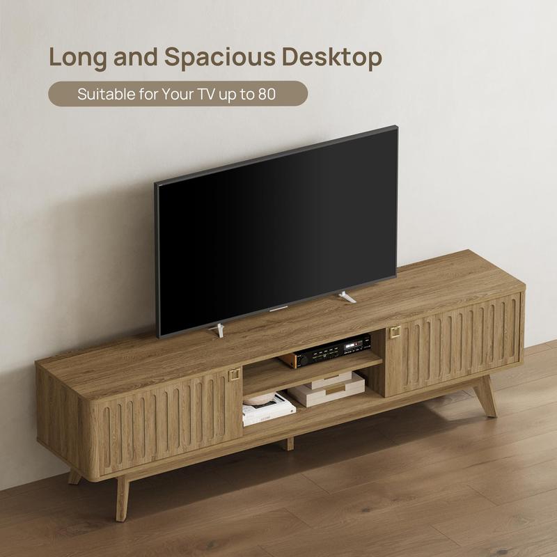 SICOTAS TV Stand for Living Room, 70" Long TV Stand Entertainment Center with 2 Storage Cabinets, Modern Fluted-Door Media TV Console Credenza Table for 65/75/80 Inch TV, Light Oak