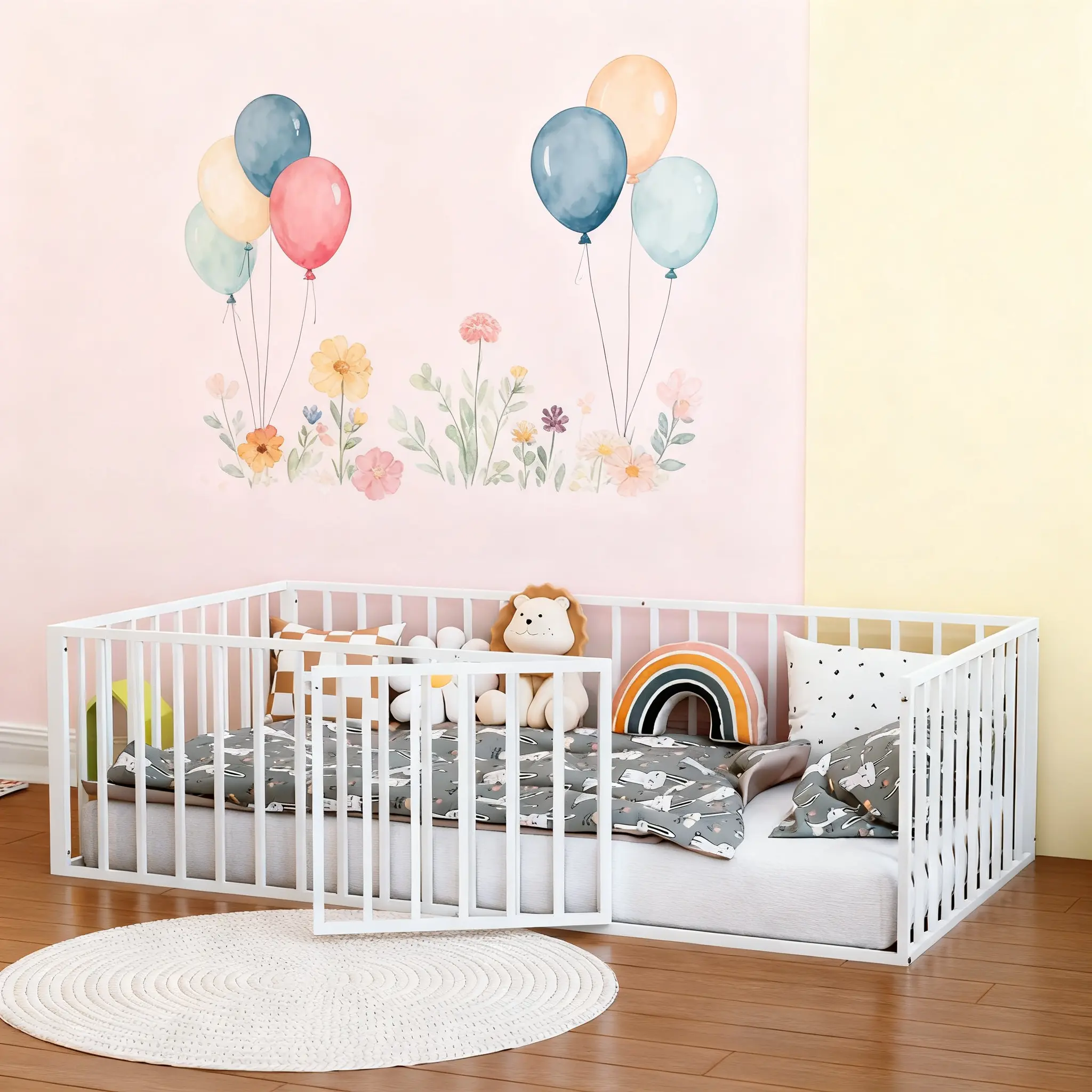 Low‑Profile Twin Floor Bed Frame with Fence & Swing Door, Heavy‑Duty Metal Construction, No Box Spring Required