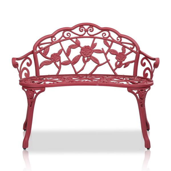 Outdoor Cast Aluminum Patio Bench for Garden Porch Antique Rose Vintage Style Weather Resistant Durable Red Finish