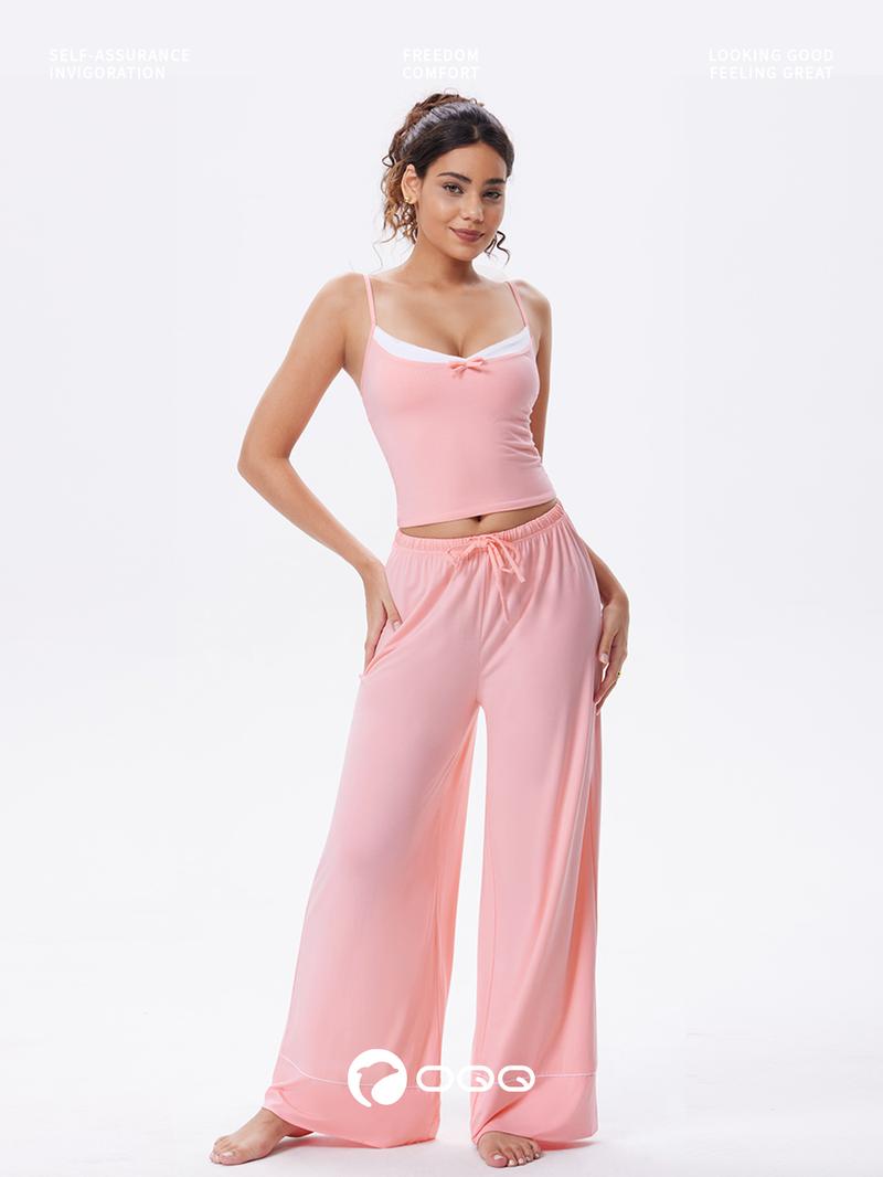 OQQ Women’s Loungewear Pajama Set – Chic Deep V-Neck Cami Top With Bow & Relaxed Drawstring Pants Sleepwear Sets