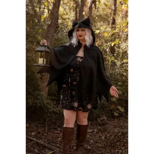 Bat Wings Cloak - Women's Accessory for Costumes & Aesthetics, Black Fleece with Hooded Design, Cute Gothic Style