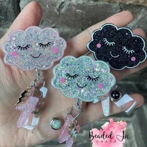 Black Cloud Badge Reel, White Cloud Badge Reel, Pink Cloud Badge Reel, Happy Cloud Badge Reel, Glitter Cloud Badge Reel with Lightning Bolt Charms