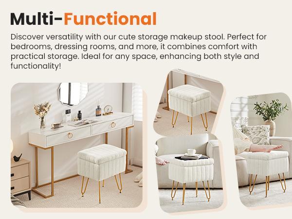 Vanity Stool Chair with Storage, Ottoman Faux Fur Soft Padded Makeup Footstools Seat Modern Footrest for Home Entryway Bedroom