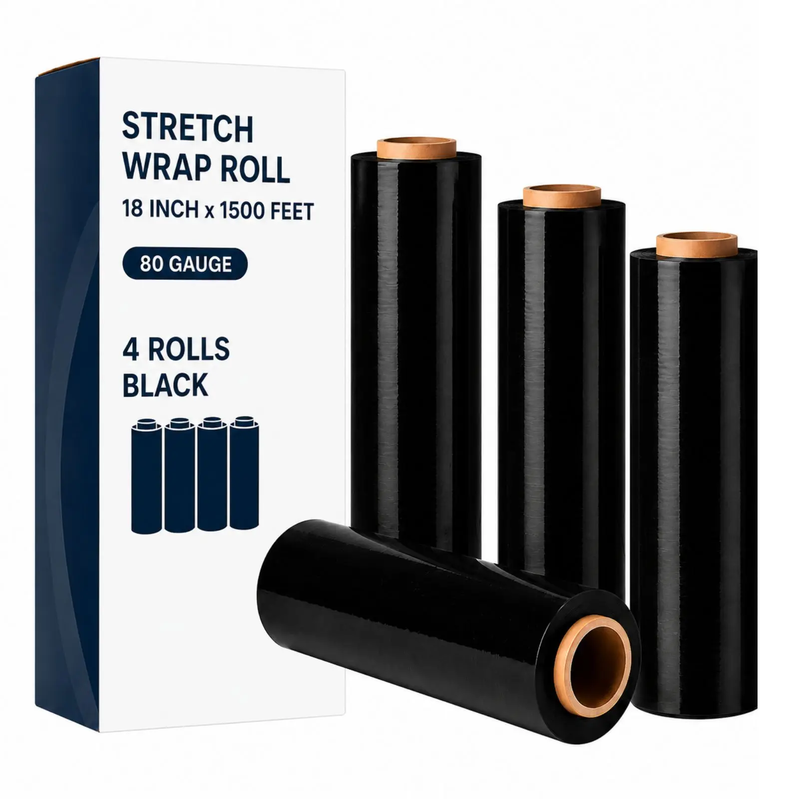 Black Stretch Film Wrap (4 Rolls), 18 in x 1500 ft, 80 Gauge (20 Micron) Heavy-Duty Industrial Packing Wrap, 7-Layer Self-Adhering Plastic Film for Moving & Pallet Prep (Home Improvement Building Supplies)