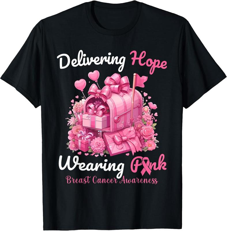 Women's Classic Occupation-Fit Round Neck Postal Worker Short-Sleeve 100% Cotton T-Shirt - "In October We Wear Pink" Breast Cancer Awareness Graphic, All Seasons, Machine Washable, S/2XL/3XL/4XL/5XL