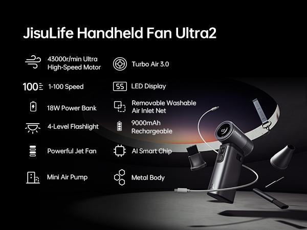 Jisulife Multifunction Portable Handheld Turbo Fan with 9000 mAh Powerbank & Flashlight 100 Adjustable Speeds Mini Personal Fan for Everyday Use