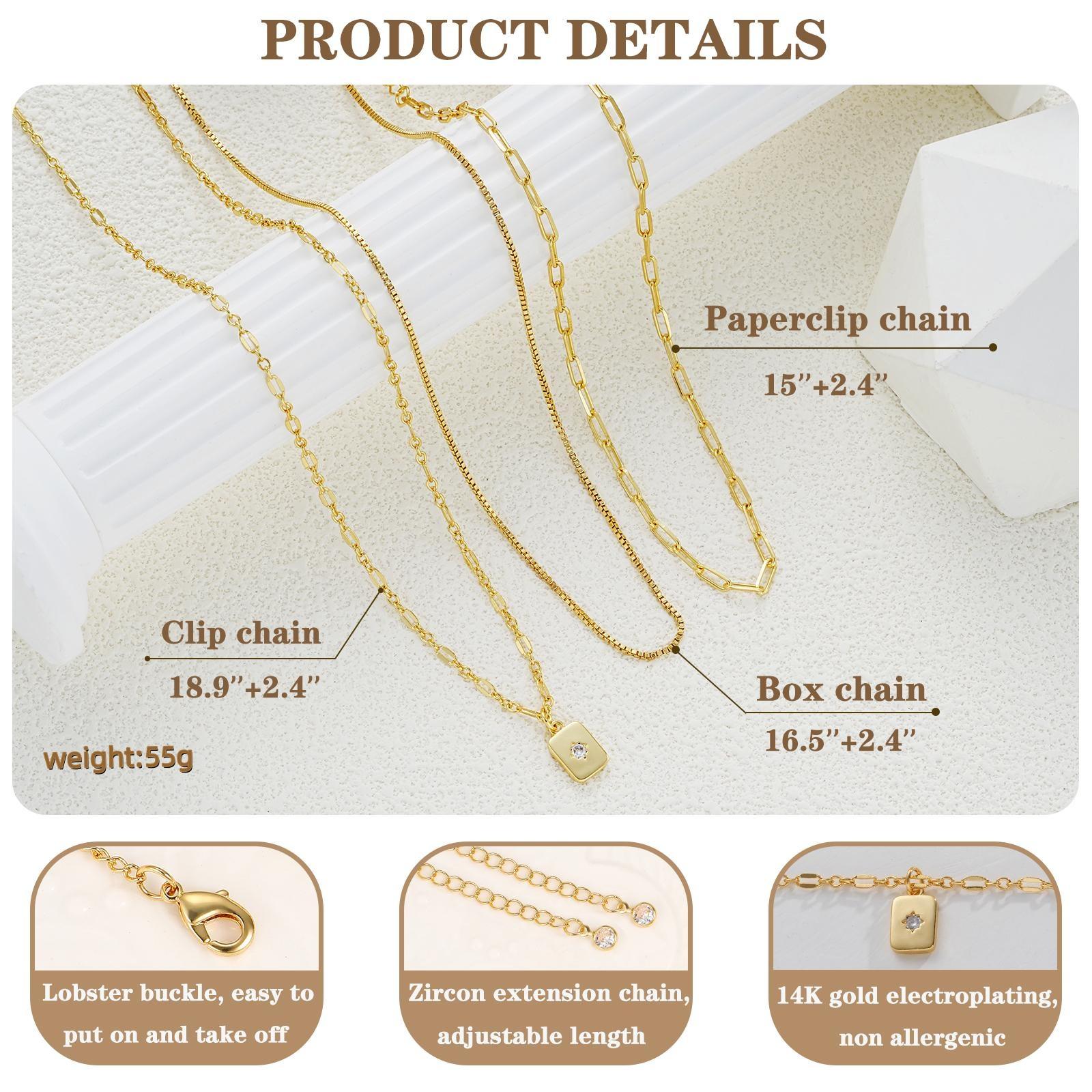 17KM 3Pcs 14K Gold Plated Layered Necklaces for Women ， Trendy Stackable Choker Paperclip Box Chain Jewelry Set