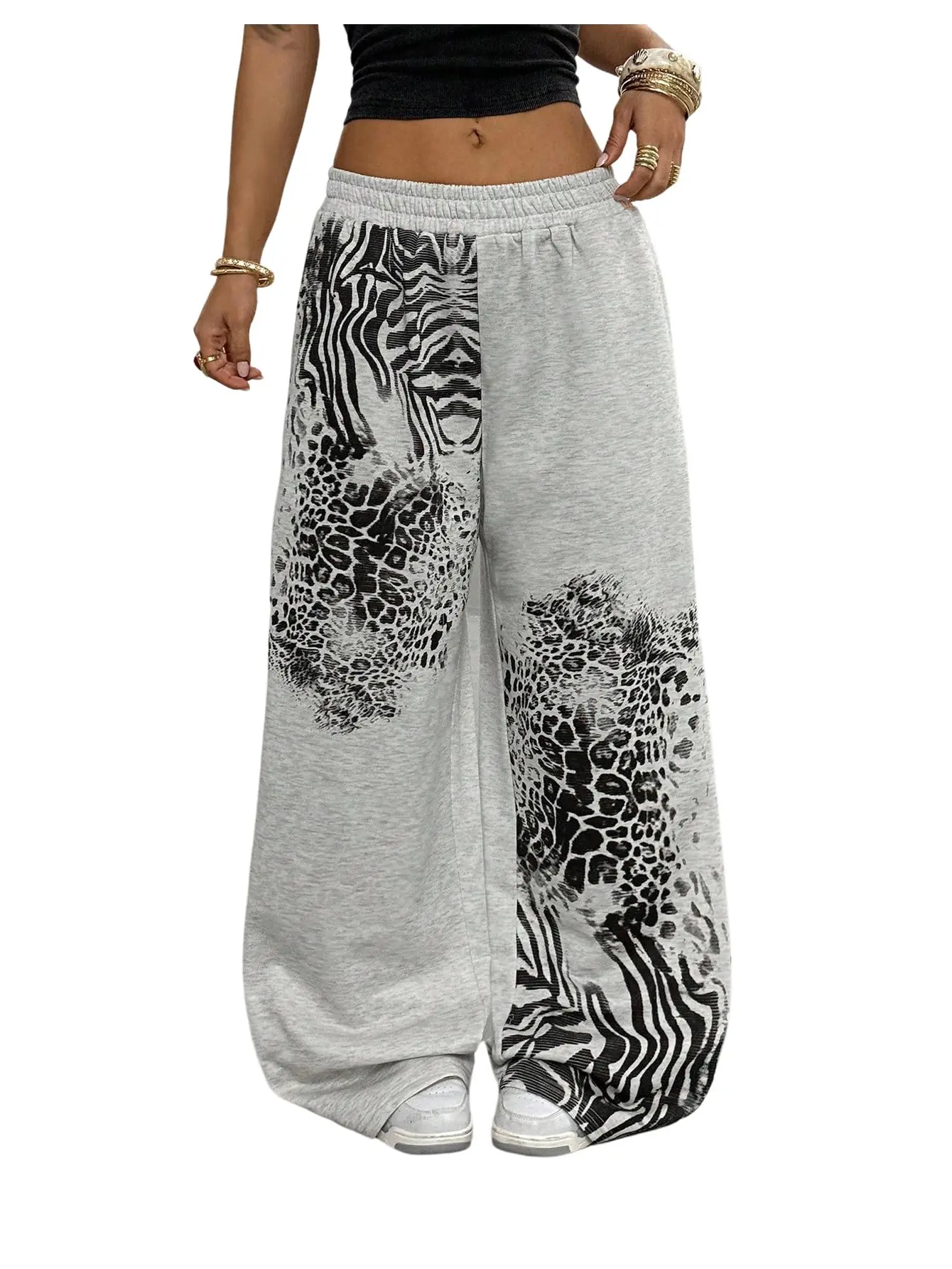 Women's Y2k Goth Leopard Print Baggy Sweatpants Elastic Waist Wide Leg Long Pants for Casual Wear Everyday Bottoms Grey Style pants women