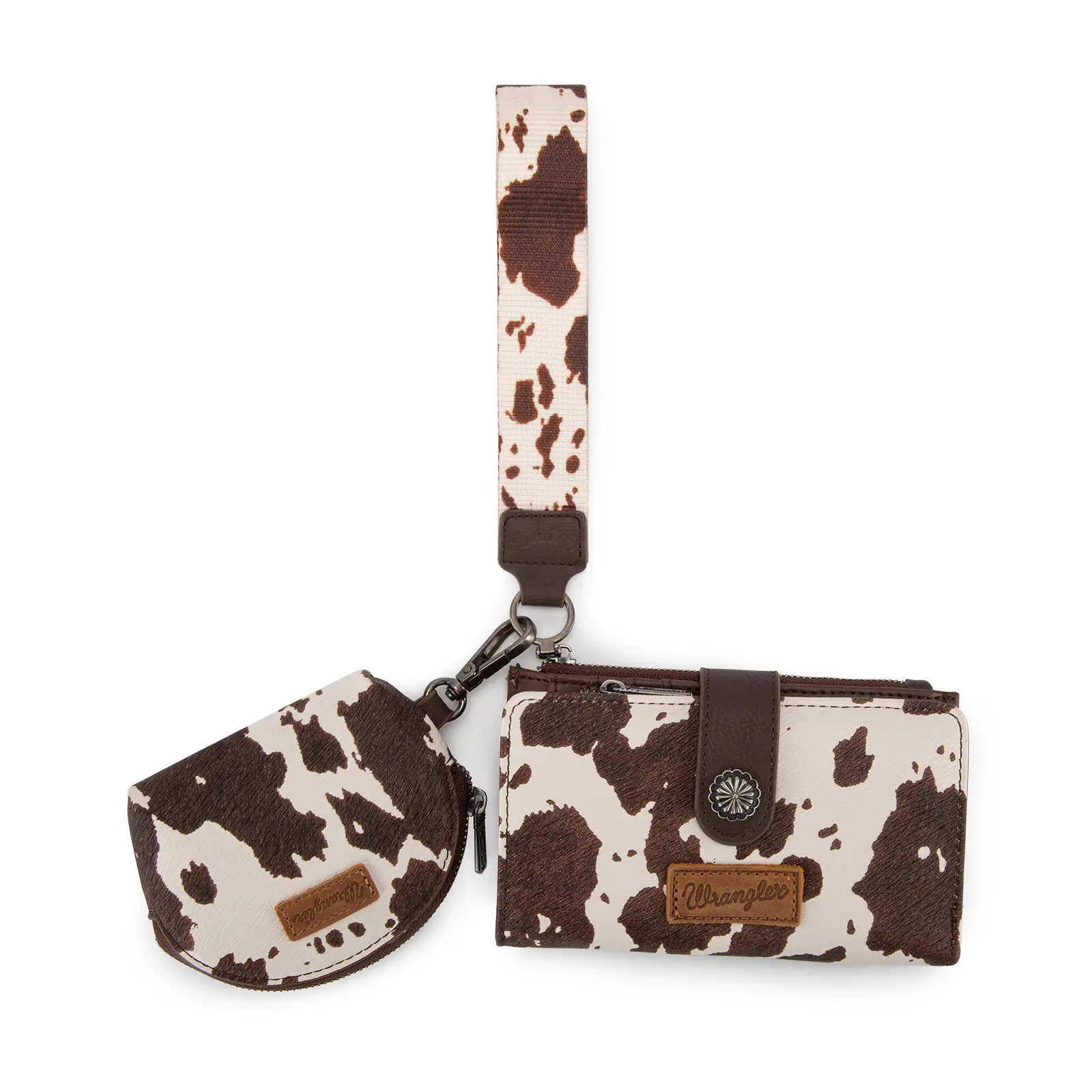 Wrangler Western Cowprint Keychain with Matching Wristlet and Card Holder for Women Key Ring Accessory