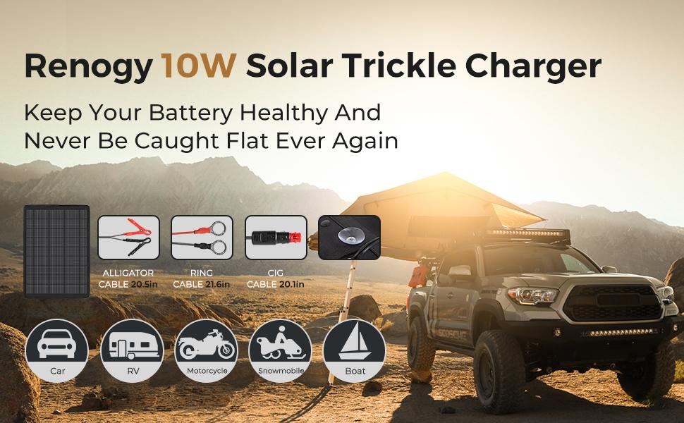 Renogy 10W Solar Trickle Charger Portable Battery Maintainer with Lighter Plug/Alligator Clips/Battery Cables for Car Boat Marine Motorcycles Truck monocrystalline solar
