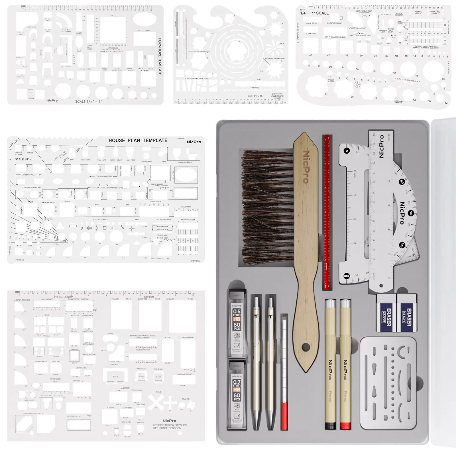 Nicpro 21-Pack Professional Precise Drafting & Geometry Set with Case - Layout Measuring Tool, Measuring Instrument, Architect Compass, Protractor, Metal Pencils, Pens, Scale Ruler, Drawing Templates for Designers, House Plan Design