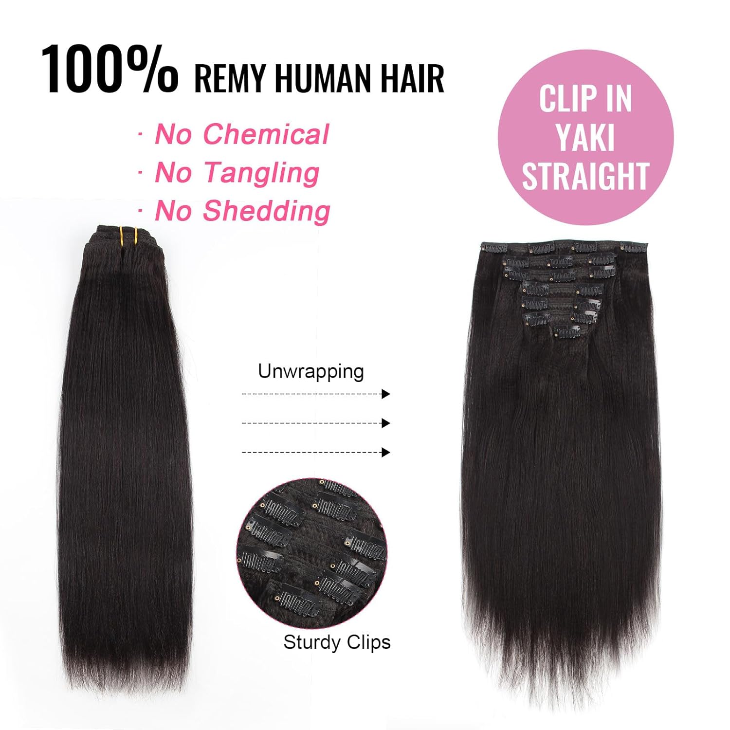 Mamushow Yaki Straight Clip in Hair Extensions Human Hair Seamless Pu Clip ins Hair 8 Pcs 18 Clips Human Hair Natural Black 12-30 Inches 120g/pack